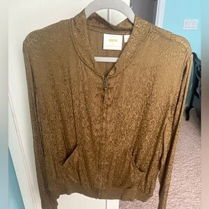 Anthropologie Brown Boxy Long Sleeve Mandarin Collar Top